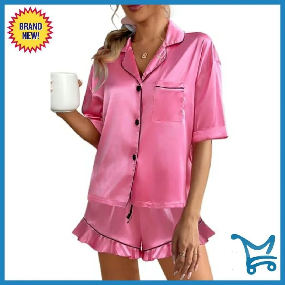 Silk Satin Pajama Set with Magnetic Diffuser, Short Sleeve & Ruffled Shorts